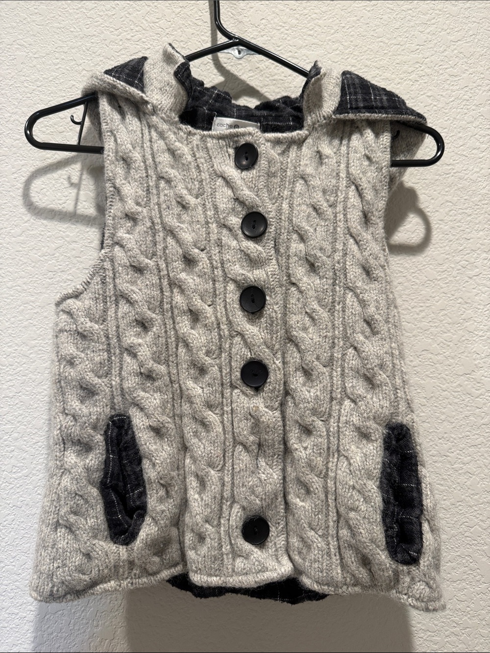 Hooded Cable-Knit Vest with Black Plaid Trim - Kids